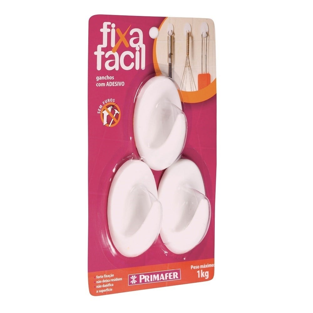 Gancho Adesivo Primafer Branco Plástico 1 Kg 3 Peças Médio 2503