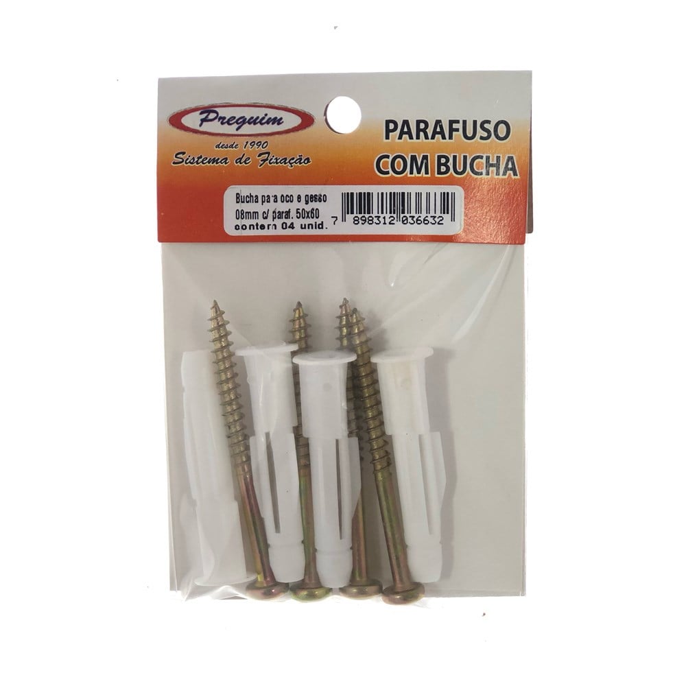 Cartela Bucha Fixação Preguim Baiano/Gesso 08 com Parafuso com 04 Peças 6632
